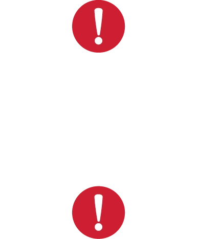 An icon illustration depicting an industrial factory surrounded by white exclamation points on red circles.